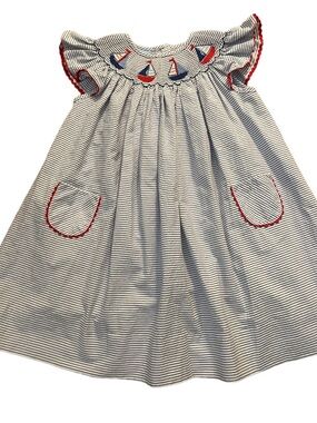 Anavini Nautical Smocked Sailboat Dress - White & Navy with Red Trim NWT 2